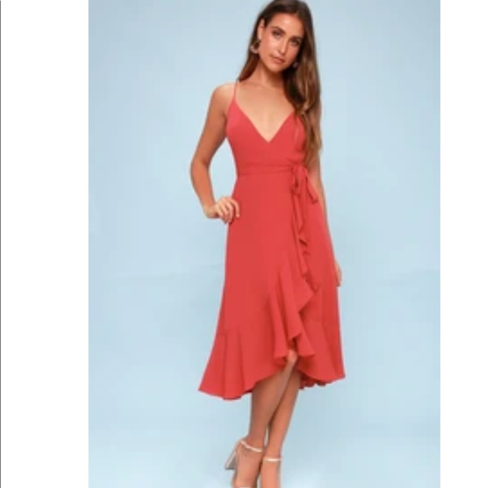 Red / Dark Pink Wrap Midi Dress